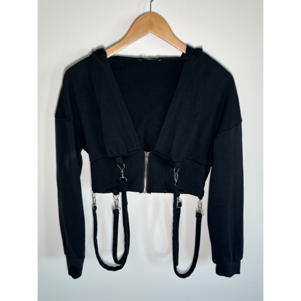 Hoodie Womens Y2K Grunge Goth Emo Straps Chains Street Black Medium